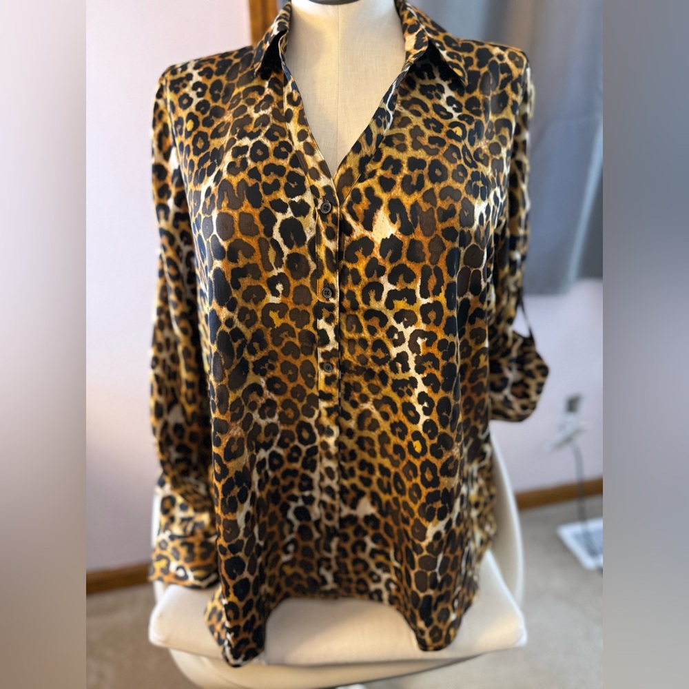 Express Leopard Print Button-Down Blouse - Brown & Black